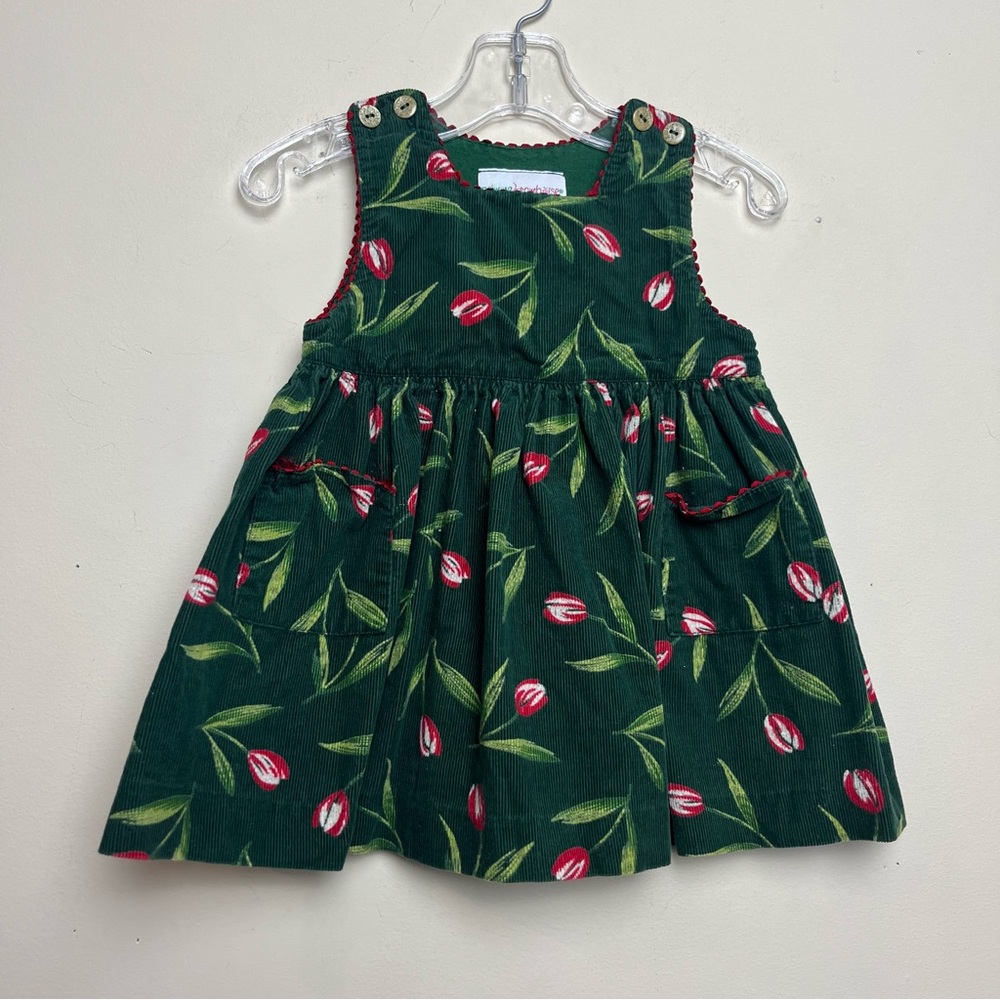 Pomme Framboise Corduroy Dress Girl's Green Red Tulips Sleeveless